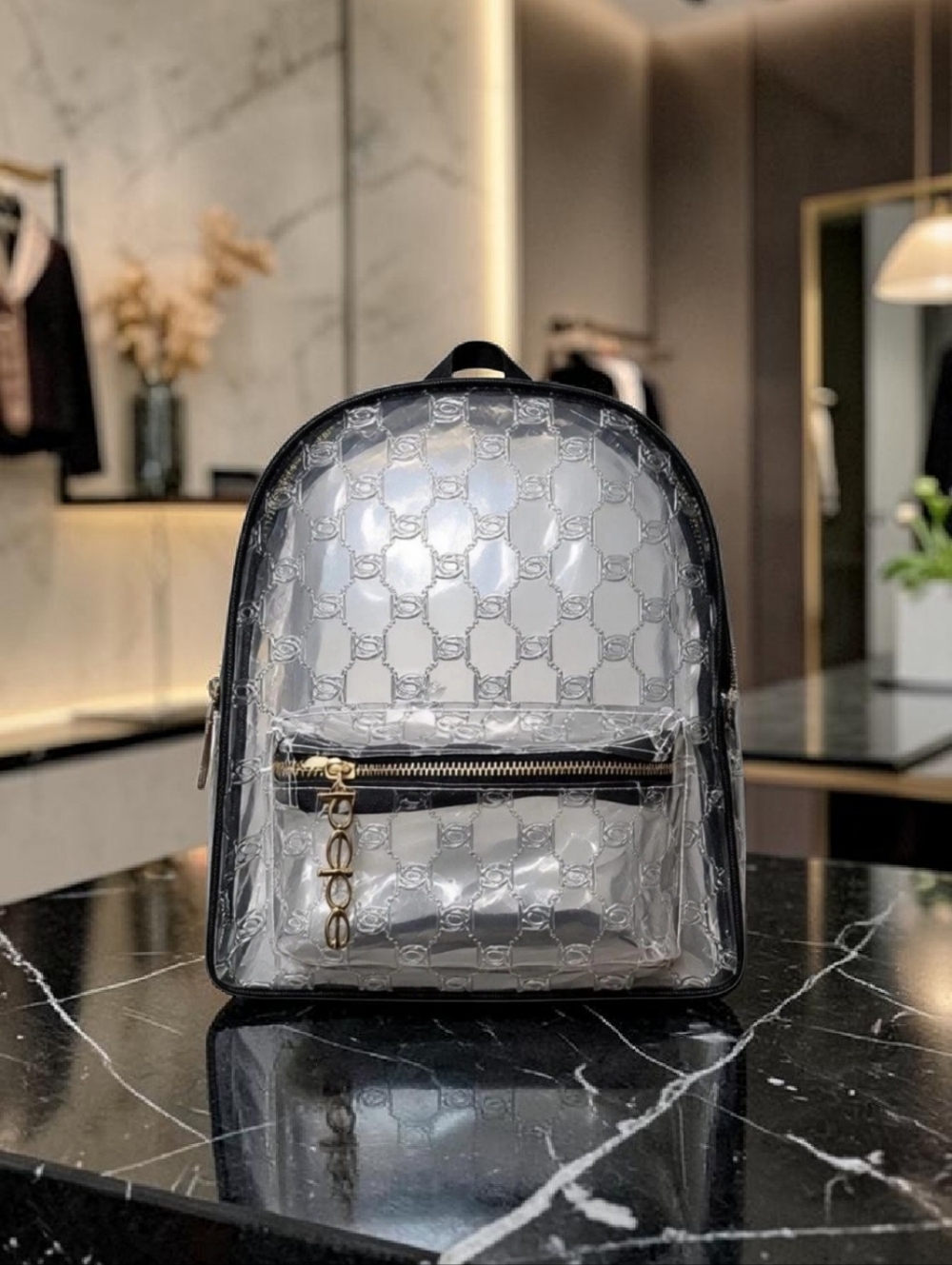 Bebe Caitlin Clear Backpack With Black And Gold Trim